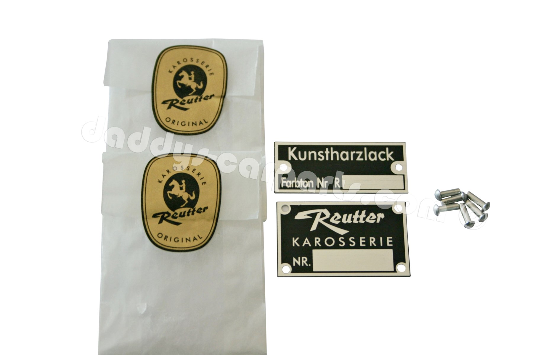 Reutter-beide-mit-Niete5809627699a1e ORIGINAL PORSCHE 356  REUTTER PLAKETTEN NIETEN KAROSSERIE KUNSTHARZLACK